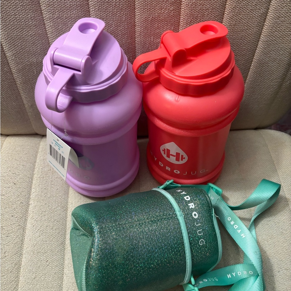 HydroJug Water Bottles Set - Coral and Purple, Green Sparkly Sleeve